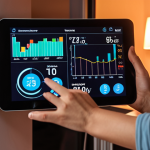 **Image Prompt:** A modern smart home interior at night. Focus on energy efficiency: Smart thermostat display showing reduced nighttime temperature, LED lighting with soft, warm glow, and a charging electric car visible through the window. A family member is using a tablet to monitor energy consumption, with charts and graphs displayed. Overall, a comfortable and eco-conscious atmosphere with a focus on dynamic pricing benefits.
