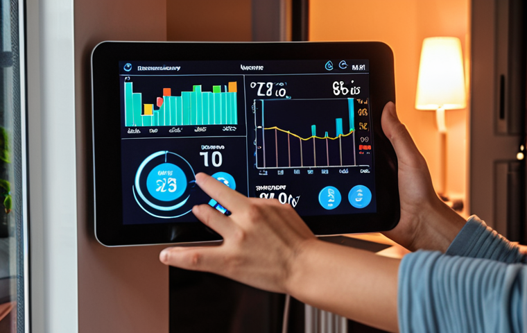 **Image Prompt:** A modern smart home interior at night. Focus on energy efficiency: Smart thermostat display showing reduced nighttime temperature, LED lighting with soft, warm glow, and a charging electric car visible through the window. A family member is using a tablet to monitor energy consumption, with charts and graphs displayed. Overall, a comfortable and eco-conscious atmosphere with a focus on dynamic pricing benefits.