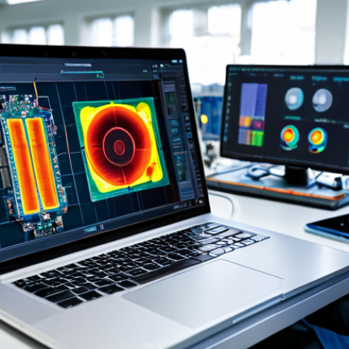 Home 6 **
"A modern electronic device (laptop or smartphone) being virtually dissected to reveal its internal components and thermal management system. Heat pipes and a small fan are visible. Overlaid is a heat map showing temperature distribution. The scene is set in a clean, brightly lit engineering lab. Fully clothed engineers are working in the background. Appropriate content, safe for work, professional, perfect anatomy, natural proportions, high quality rendering, detailed circuitry."
**