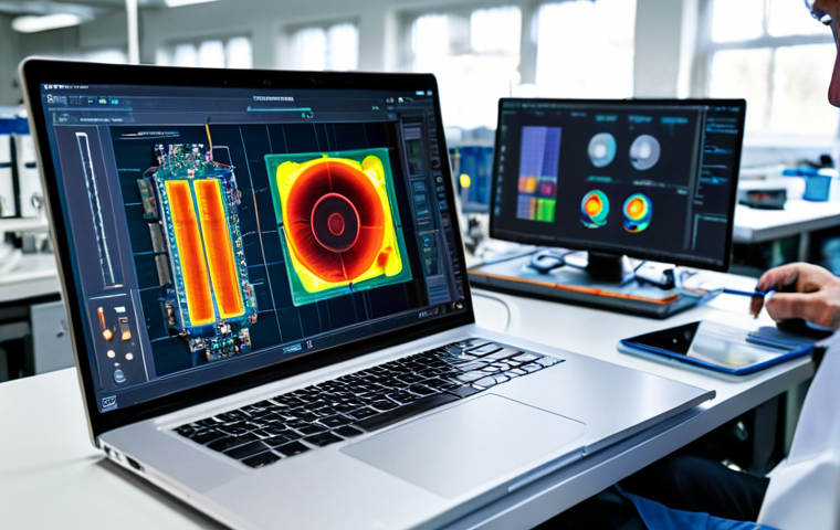 **

"A modern electronic device (laptop or smartphone) being virtually dissected to reveal its internal components and thermal management system. Heat pipes and a small fan are visible. Overlaid is a heat map showing temperature distribution. The scene is set in a clean, brightly lit engineering lab. Fully clothed engineers are working in the background. Appropriate content, safe for work, professional, perfect anatomy, natural proportions, high quality rendering, detailed circuitry."

**