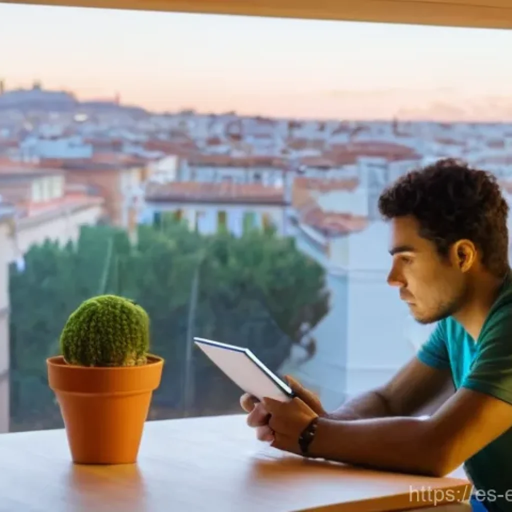 에너지 시스템의 경제성 - **Prompt:** A modern Spanish apartment living room, softly lit, at dusk. An adult, dressed in casual...