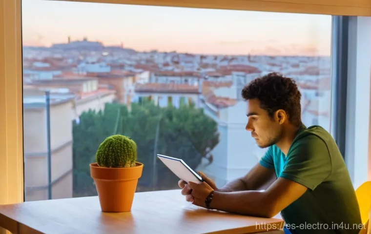 에너지 시스템의 경제성 - **Prompt:** A modern Spanish apartment living room, softly lit, at dusk. An adult, dressed in casual...
