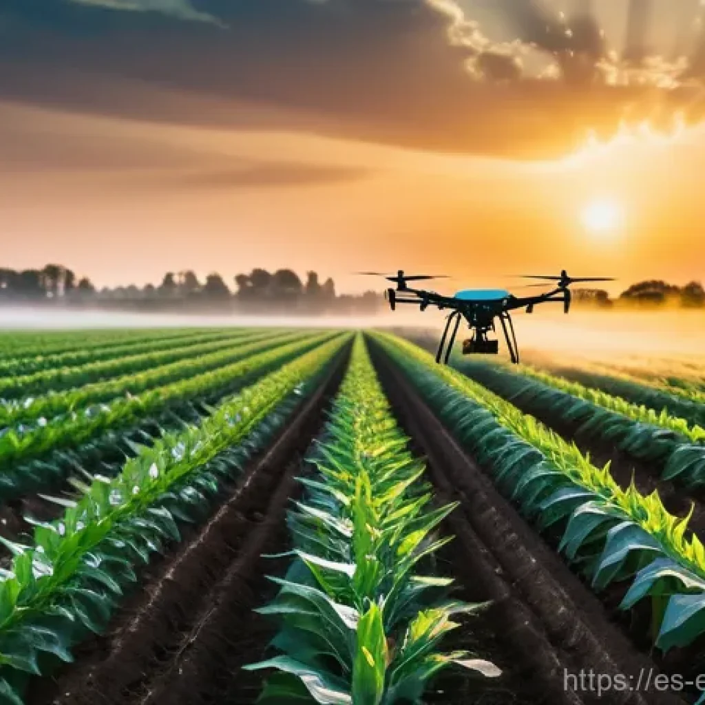 자동 제어 시스템의 최적화 - **Prompt:** A vibrant, futuristic agricultural field at sunset. Advanced IoT sensors, glowing subtly...