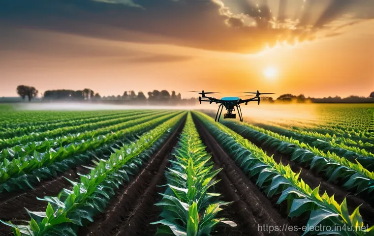 자동 제어 시스템의 최적화 - **Prompt:** A vibrant, futuristic agricultural field at sunset. Advanced IoT sensors, glowing subtly...