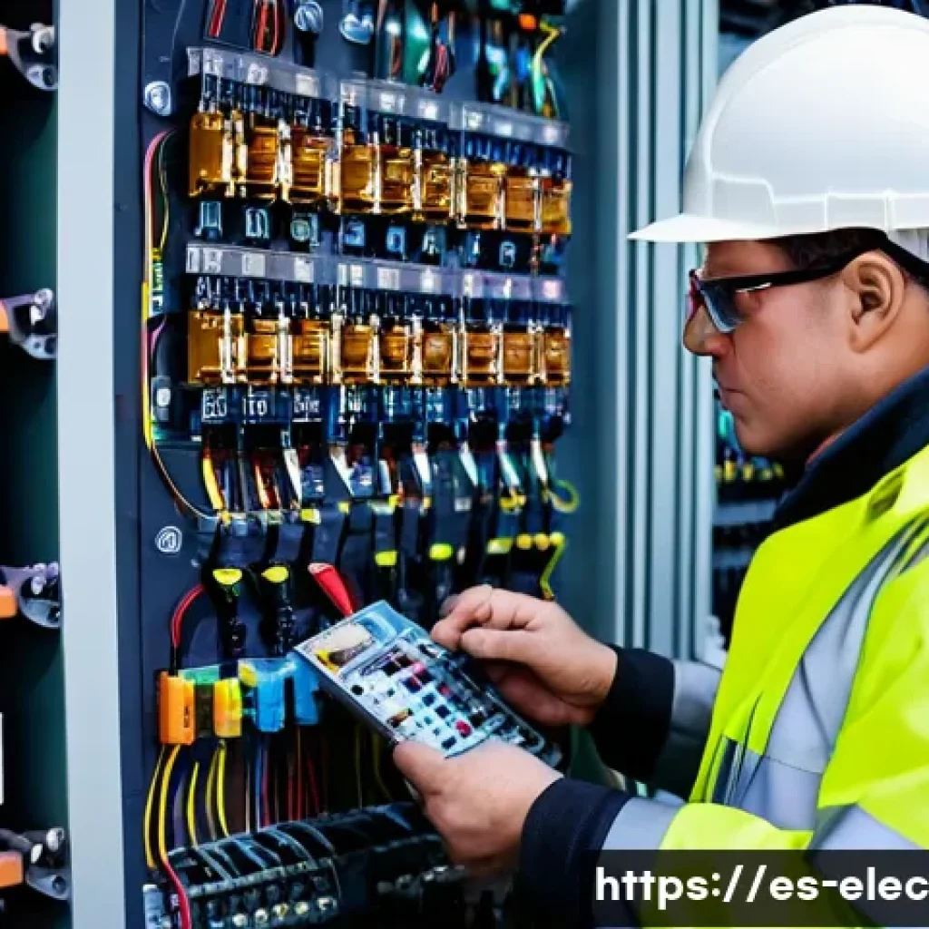 전기기기 고장 분석 - **Prompt:** An electrician, wearing safety glasses and a hard hat, inspects a commercial electrical ...