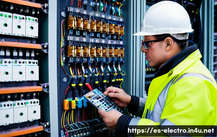 전기기기 고장 분석 - **Prompt:** An electrician, wearing safety glasses and a hard hat, inspects a commercial electrical ...