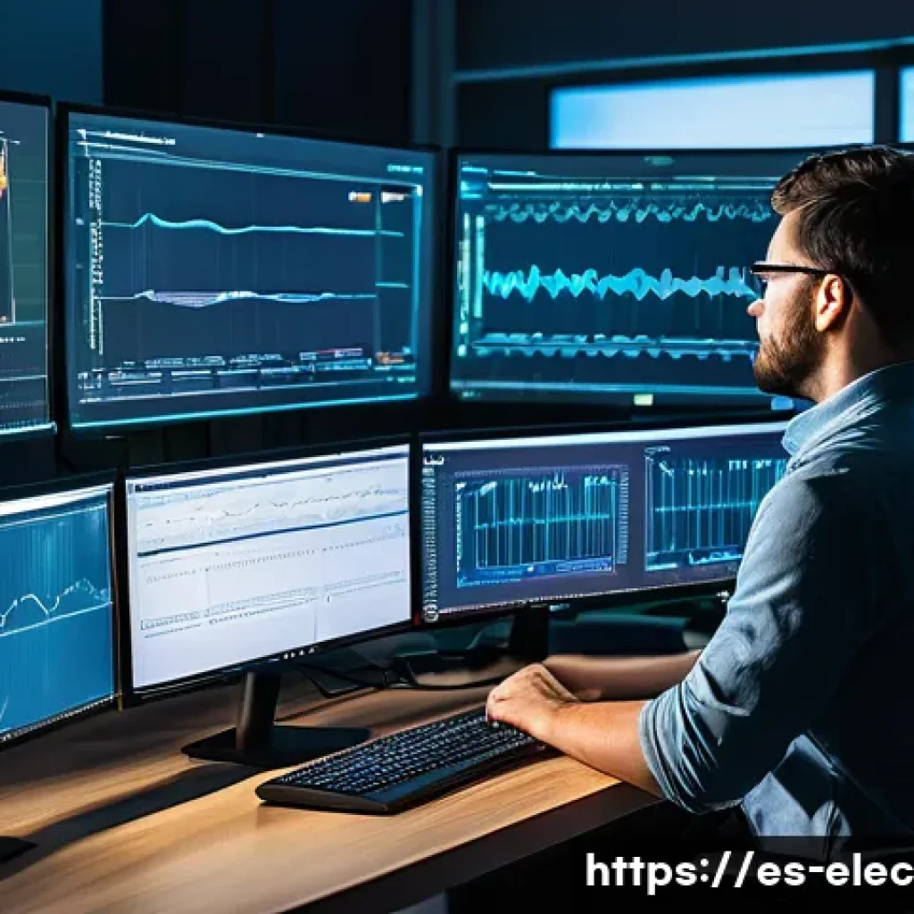 디지털 필터 설계 - A detailed digital electronics laboratory scene focused on a professional engineer designing digital...