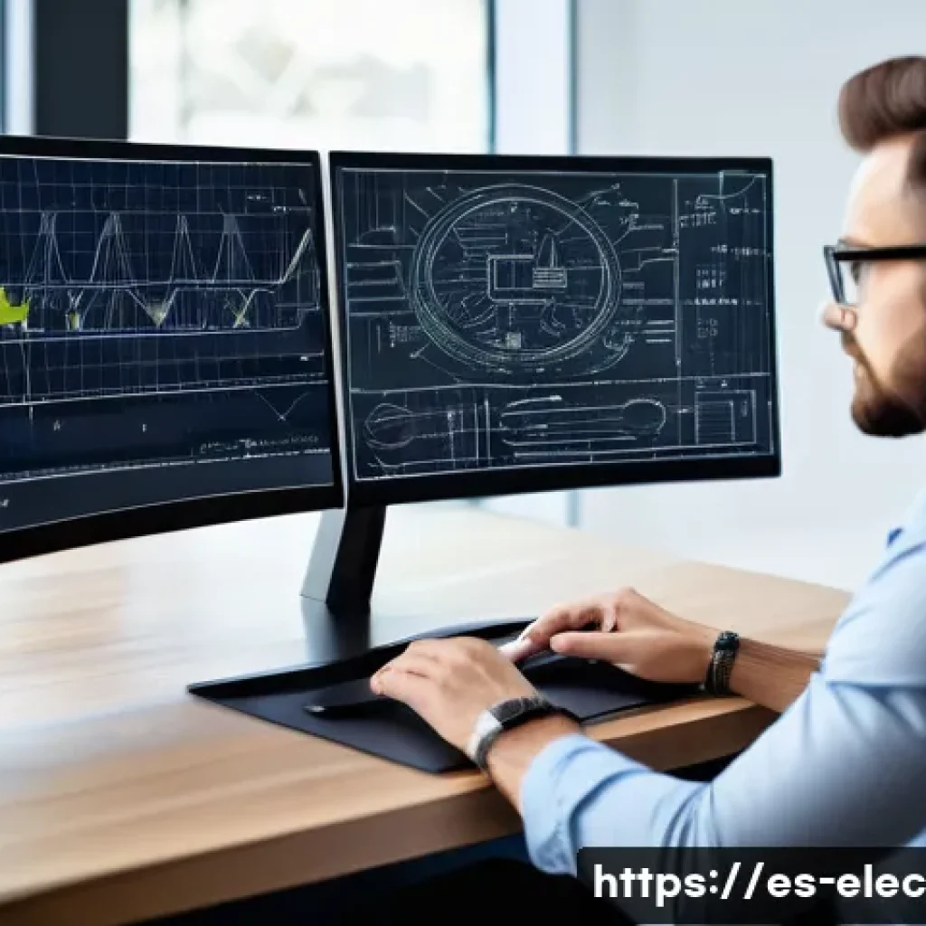 전기기기 설계 툴 - A modern electrical engineer workspace showing a large curved monitor displaying a detailed electric...