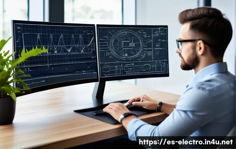 전기기기 설계 툴 - A modern electrical engineer workspace showing a large curved monitor displaying a detailed electric...