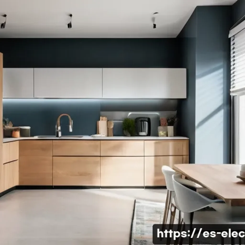 에너지 절약 기법 - A modern Spanish home interior showcasing energy-efficient appliances with visible energy labels A++...