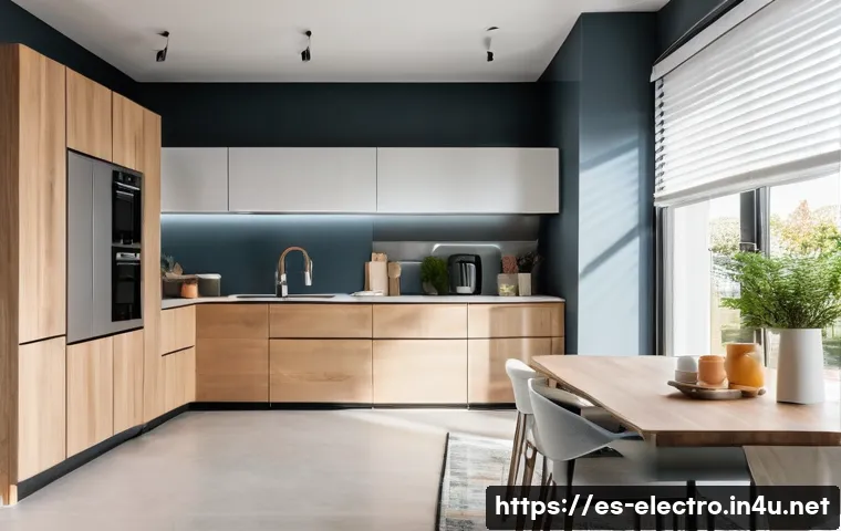 에너지 절약 기법 - A modern Spanish home interior showcasing energy-efficient appliances with visible energy labels A++...