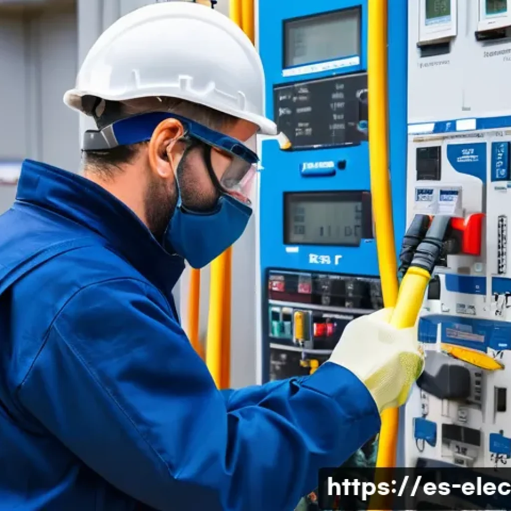 전기기기 테스트 장비 - A professional electrician wearing protective gear including insulated gloves and safety glasses, us...