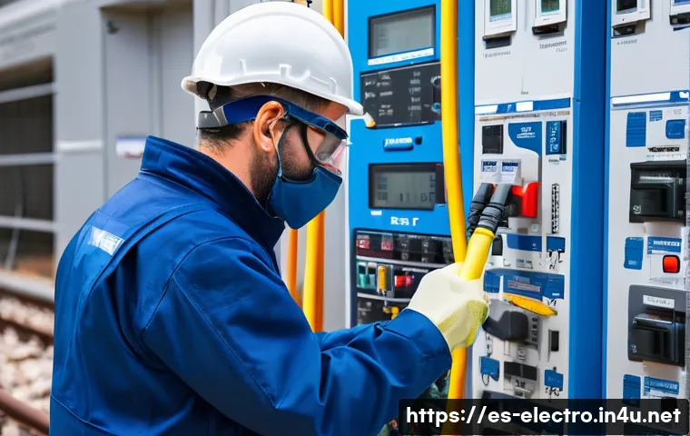 전기기기 테스트 장비 - A professional electrician wearing protective gear including insulated gloves and safety glasses, us...