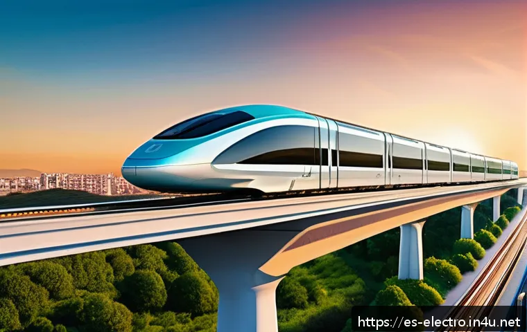 전기장과 자기장의 상호작용 - A futuristic high-speed maglev train gliding smoothly above elevated railway tracks in a bustling Sp...