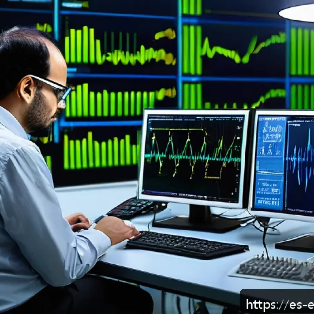 전기신호 분석 - A modern electronics laboratory scene focused on signal analysis, featuring a digital oscilloscope d...