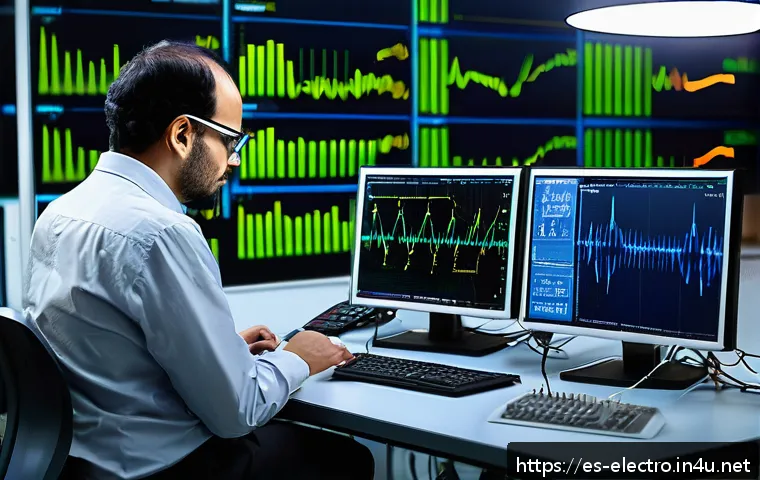 전기신호 분석 - A modern electronics laboratory scene focused on signal analysis, featuring a digital oscilloscope d...