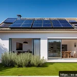 재생 가능 에너지 시스템 - A modern Spanish suburban house with a large south-facing roof covered in sleek photovoltaic solar p...