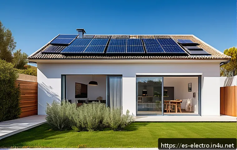 재생 가능 에너지 시스템 - A modern Spanish suburban house with a large south-facing roof covered in sleek photovoltaic solar p...