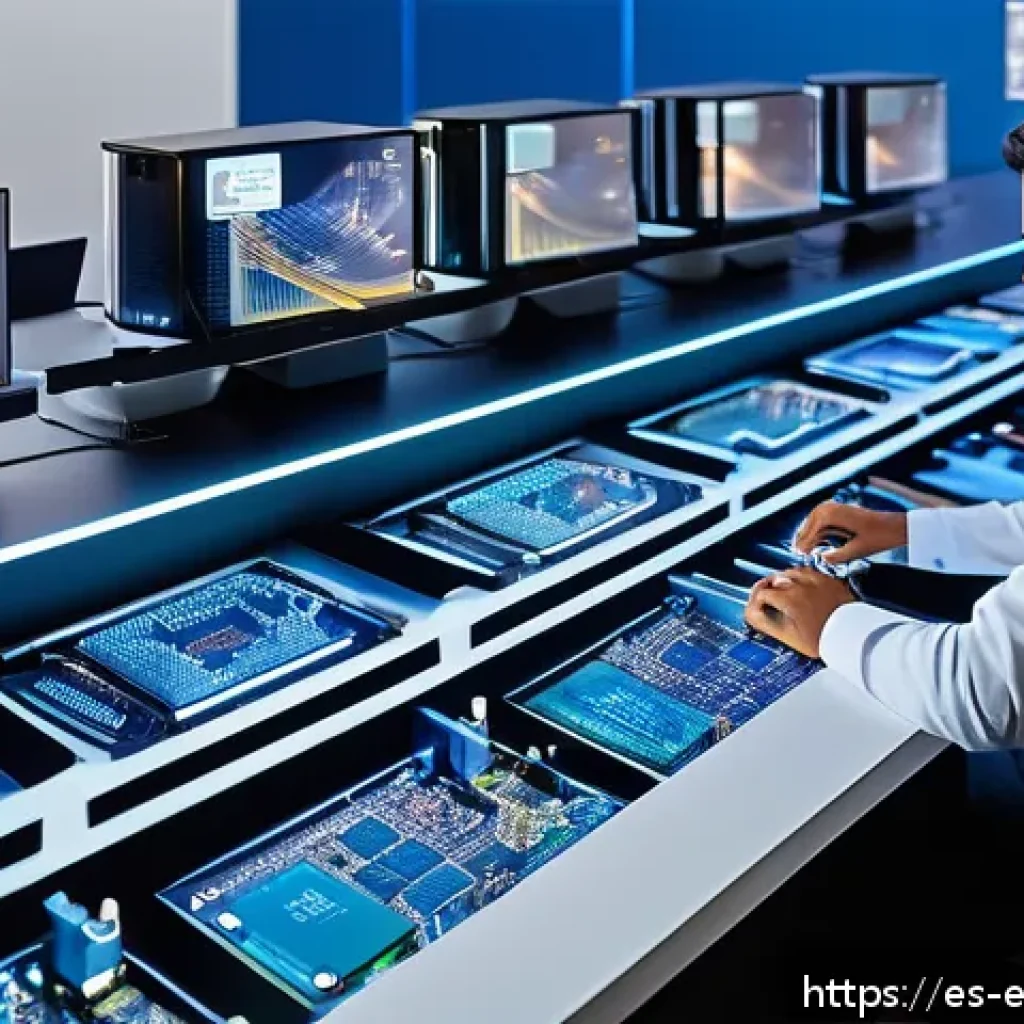 마이크로프로세서 설계 - A futuristic microprocessor design lab showcasing modular chip components as separate, detailed bloc...