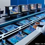 마이크로프로세서 설계 - A futuristic microprocessor design lab showcasing modular chip components as separate, detailed bloc...