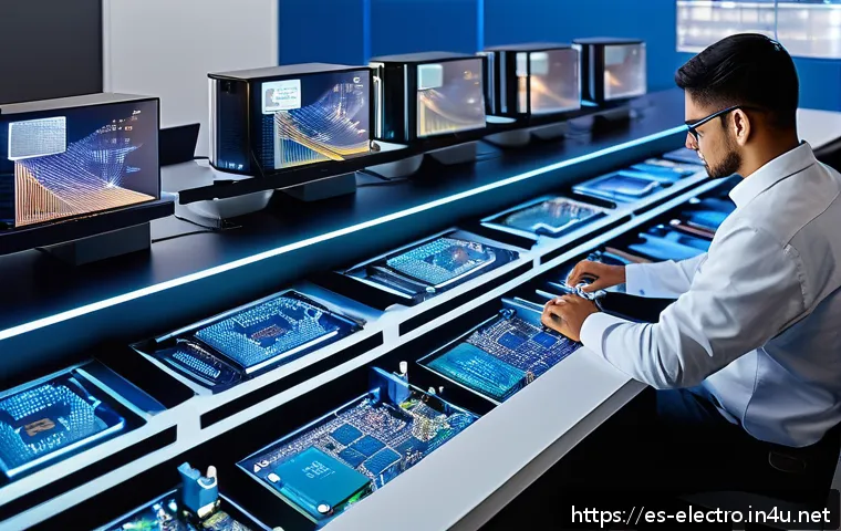 마이크로프로세서 설계 - A futuristic microprocessor design lab showcasing modular chip components as separate, detailed bloc...