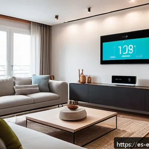 전기 에너지 절약 기술 - A modern Spanish family living room featuring a smart energy meter prominently displayed on the wall...