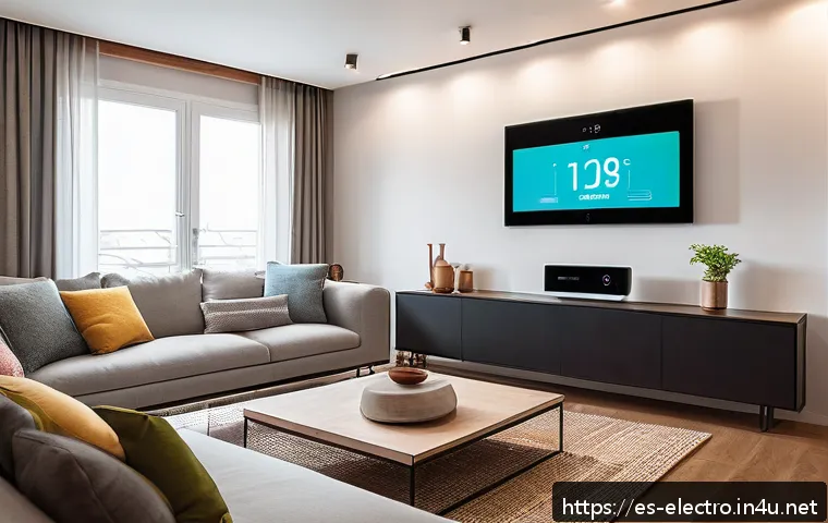 전기 에너지 절약 기술 - A modern Spanish family living room featuring a smart energy meter prominently displayed on the wall...