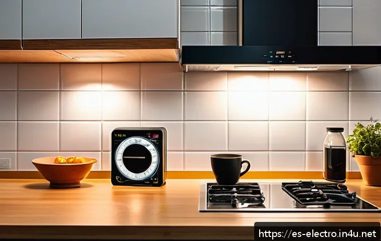 전력 계통 장애 분석 - A detailed scene inside a modern Spanish household kitchen showing subtle electrical issues: flicker...