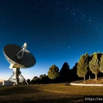전자기파의 전파속도 - Photorealistic nighttime scene on a hill outside Madrid, Spain, a large radio telescope dish aimed t...