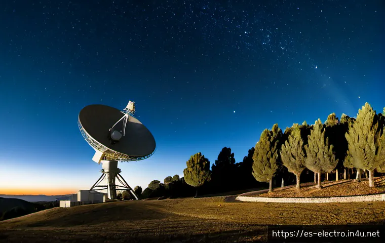 전자기파의 전파속도 - Photorealistic nighttime scene on a hill outside Madrid, Spain, a large radio telescope dish aimed t...