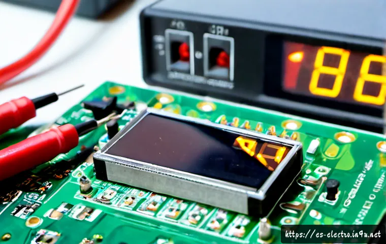 Home 17 저항 측정 장비 - Photorealistic close-up of a professional digital multimeter measuring resistance on a small circuit...