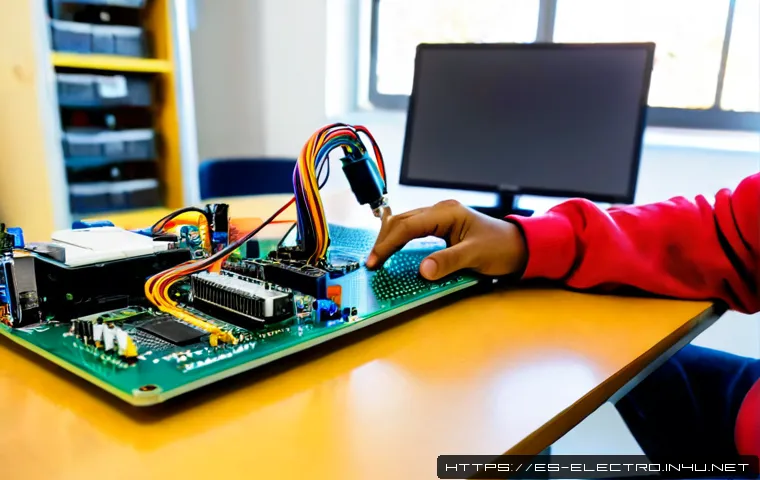 디지털 회로 응용 - Photorealistic close-up of a modern electronics workbench in a bright Spanish technical classroom, a...