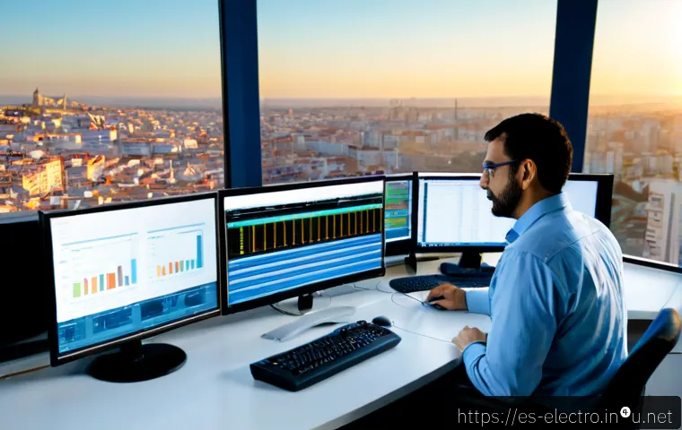 전기공학의 통신 산업 응용 - Photorealistic telecommunications engineer in a modern Spanish city network operations center, revie...