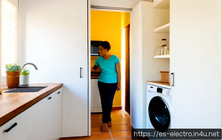 전기기기 소음 제어 - Photorealistic modern Spanish apartment kitchen, a quiet white refrigerator and compact washing mach...